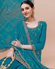 Blue Colored Chinon Woven Embroidered  Salwar Suit With Sharara Dupatta