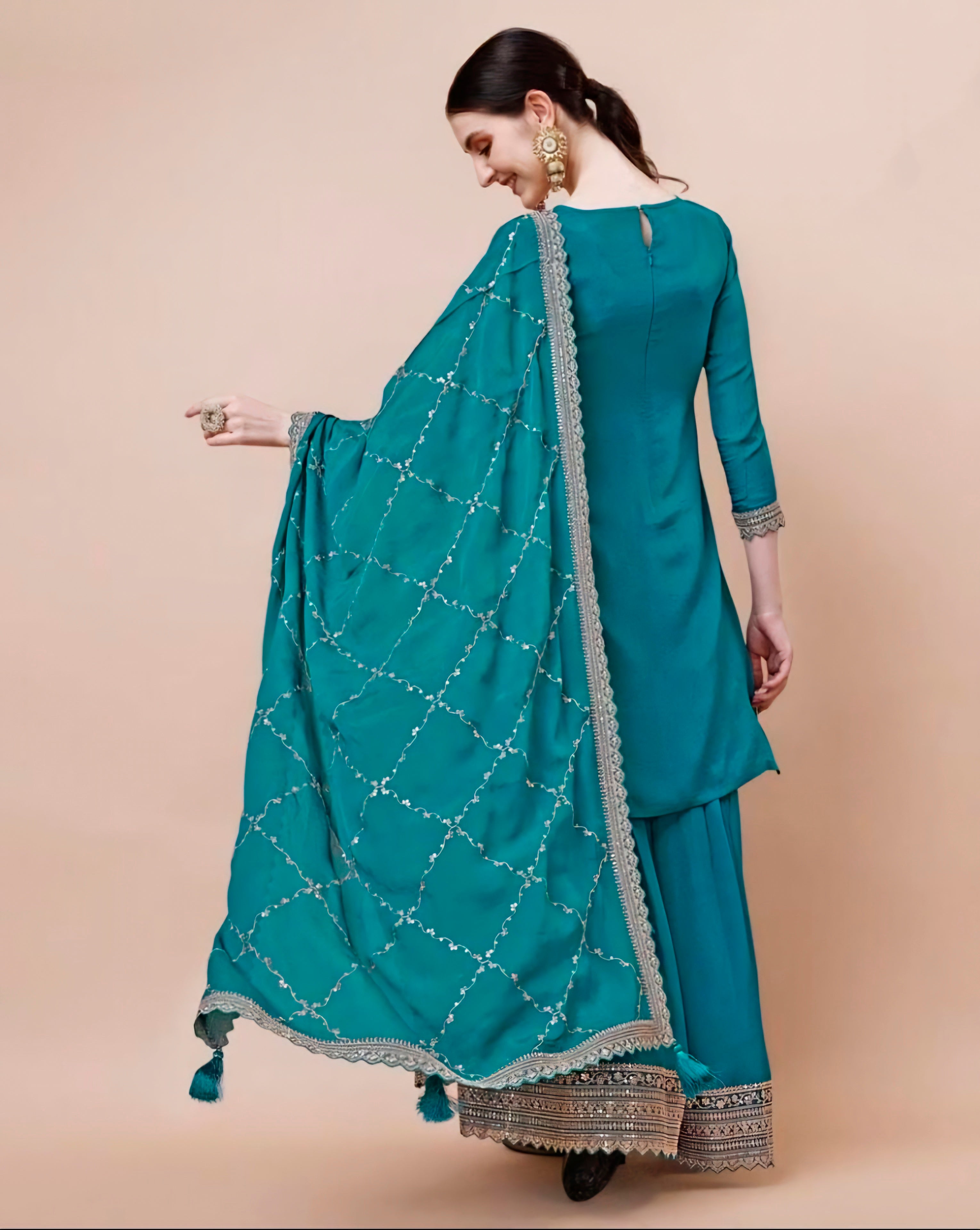 Blue Colored Chinon Woven Embroidered  Salwar Suit With Sharara Dupatta