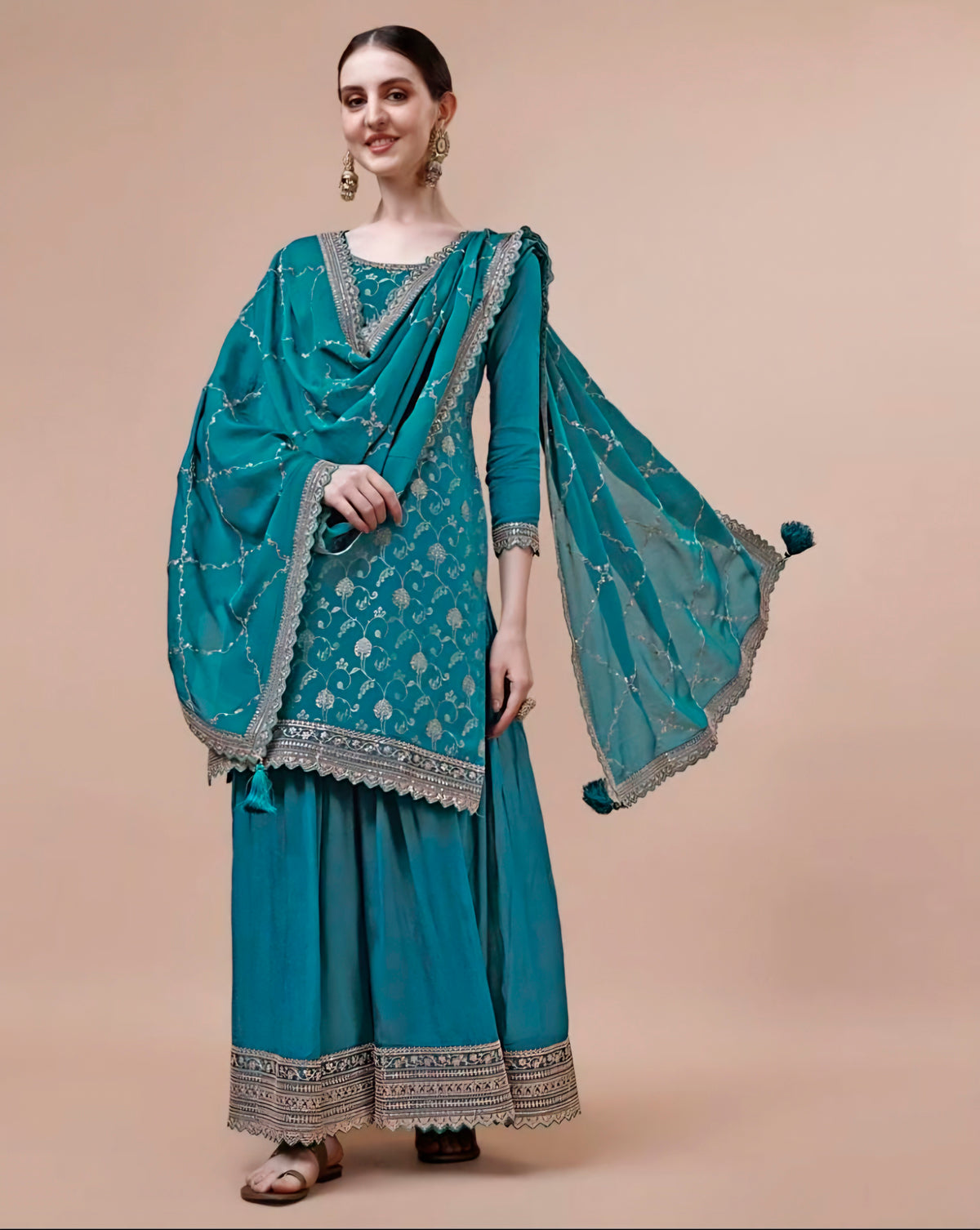 Blue Colored Chinon Woven Embroidered  Salwar Suit With Sharara Dupatta