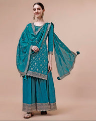 Blue Colored Chinon Woven Embroidered  Salwar Suit With Sharara Dupatta