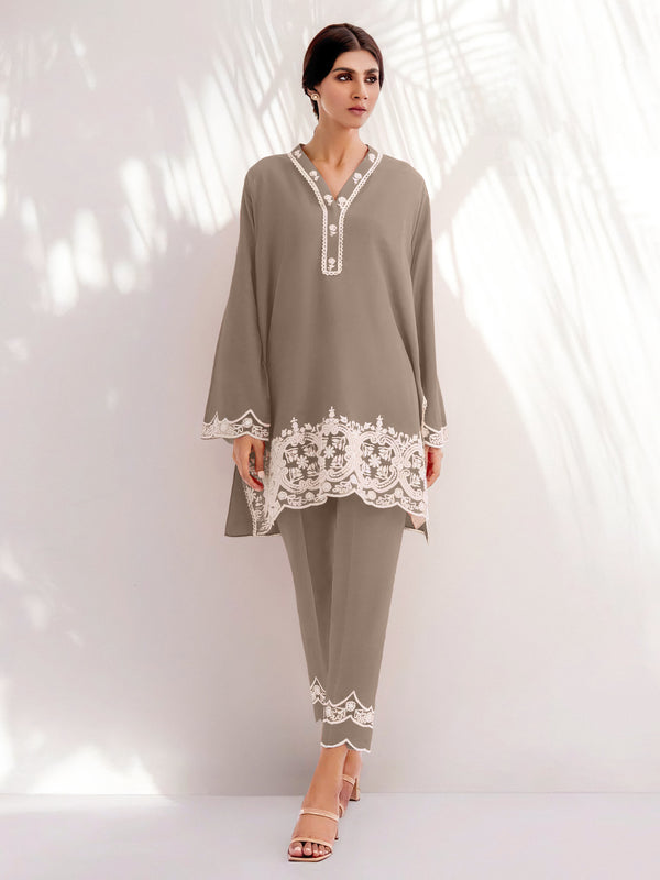 Grey Colored Chanderi Designer Embroidered Cord Set