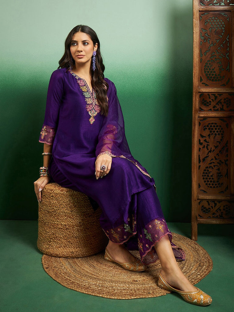 Purple Colored Chanderi Embroidered  Readymade Salwar Suit With Bottom Dupatta