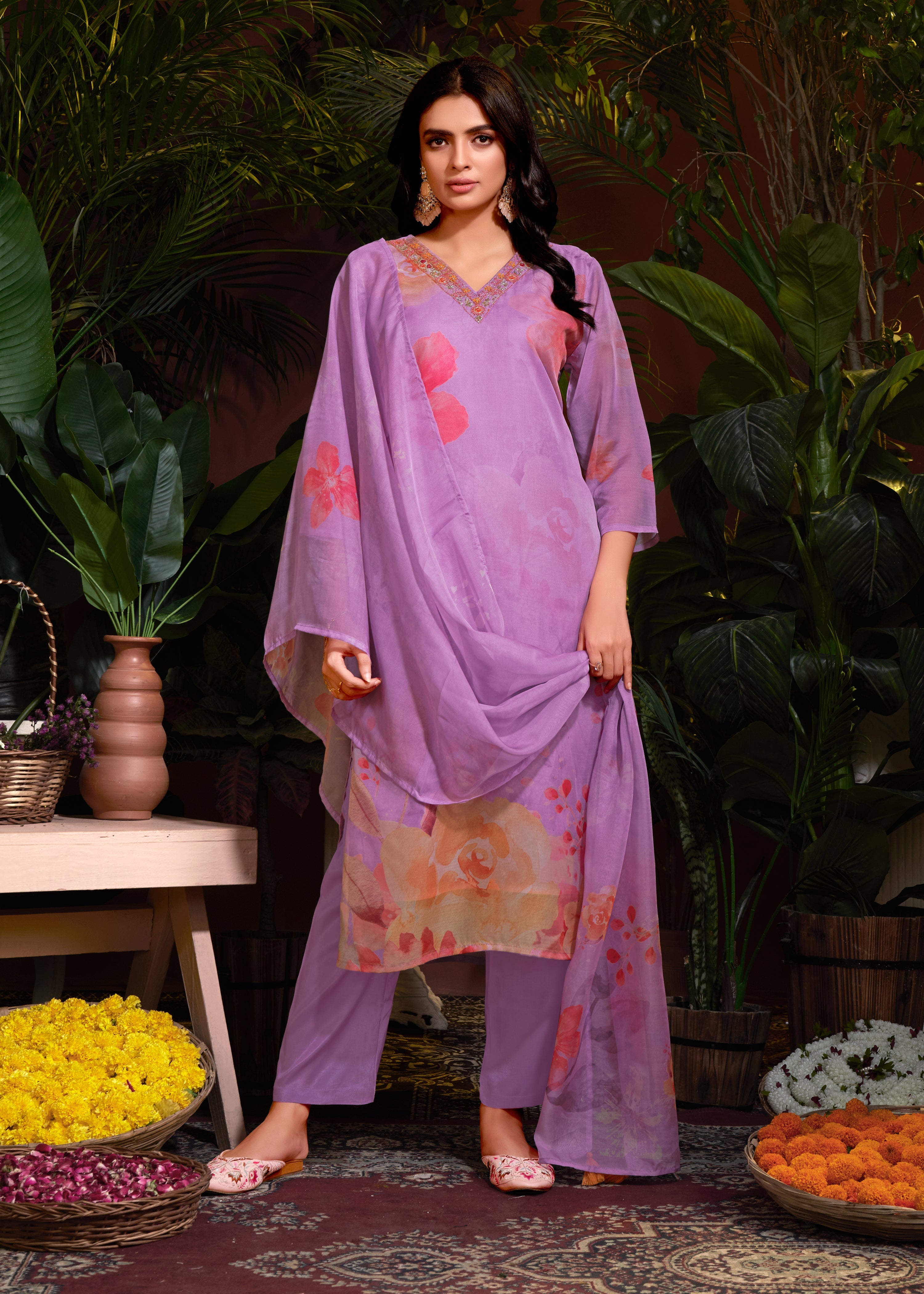 Purple Organza Digital Printed Hand Salwar Suit With Pant Dupatta