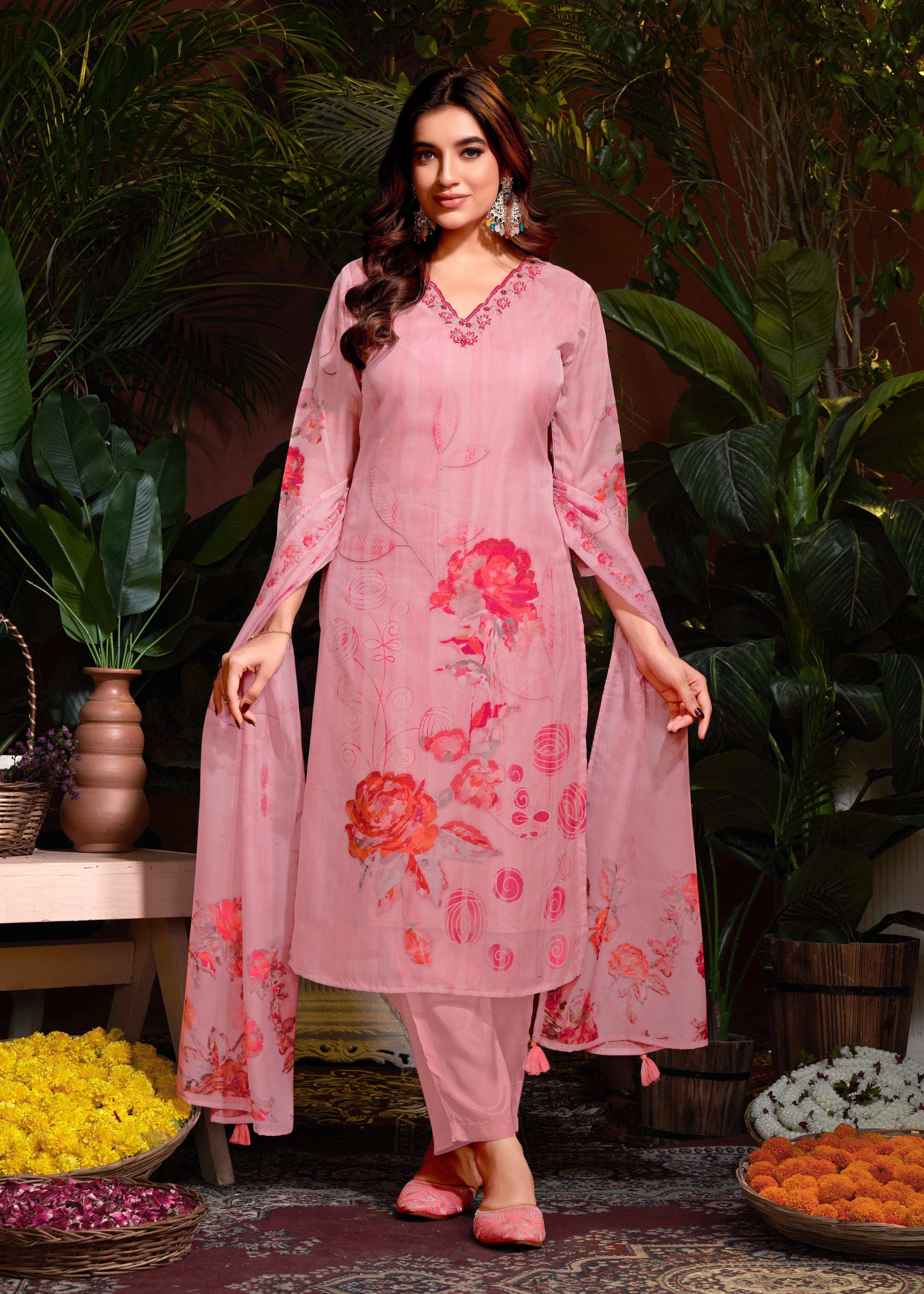 Pink Organza Digital Printed Hand Salwar Suit With Pant Dupatta