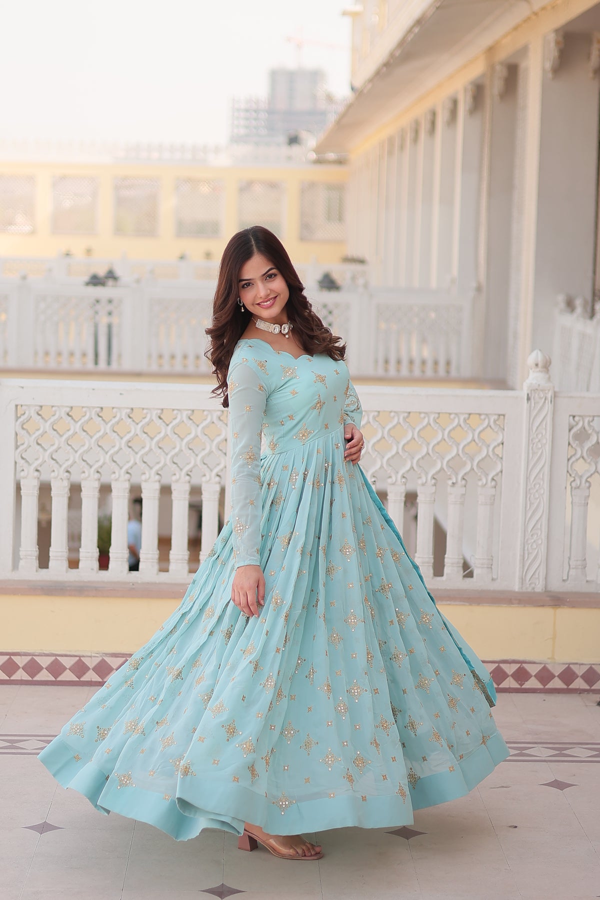 Sky Blue Colored Faux Georgette Sequins Embroidered  Gown With Dupatta