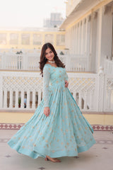 Sky Blue Colored Faux Georgette Sequins Embroidered  Gown With Dupatta