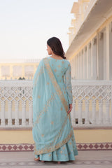 Sky Blue Faux Georgette Sequins Embroidered Gown With Dupatta