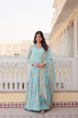 Sky Blue Colored Faux Georgette Sequins Embroidered  Gown With Dupatta