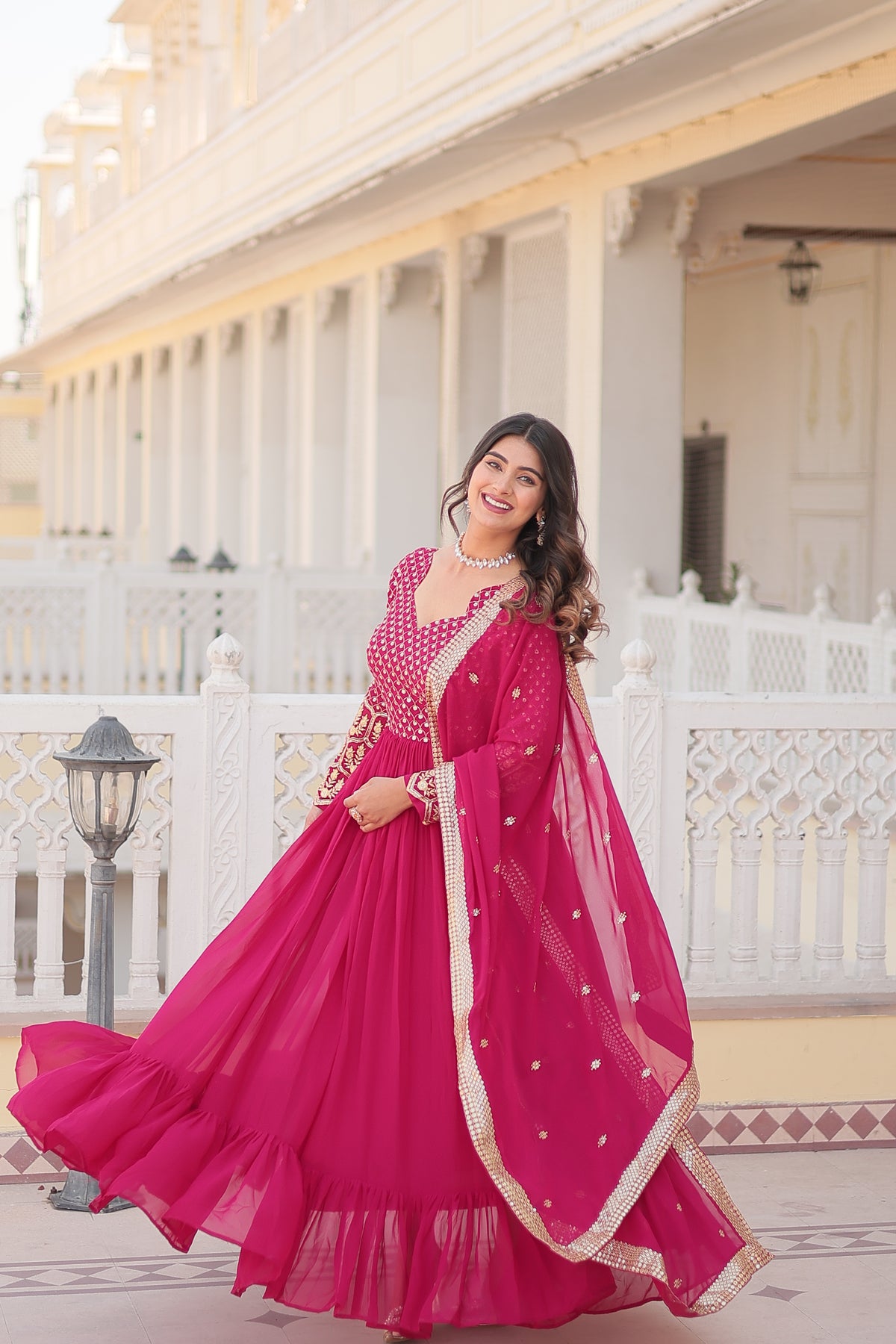 Pink Colored Faux Georgette Sequins Embroidered  Gown With Dupatta