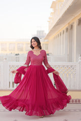 Pink Colored Faux Georgette Sequins Embroidered  Gown With Dupatta