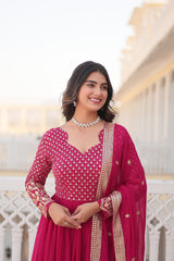 Pink Colored Faux Georgette Sequins Embroidered  Gown With Dupatta