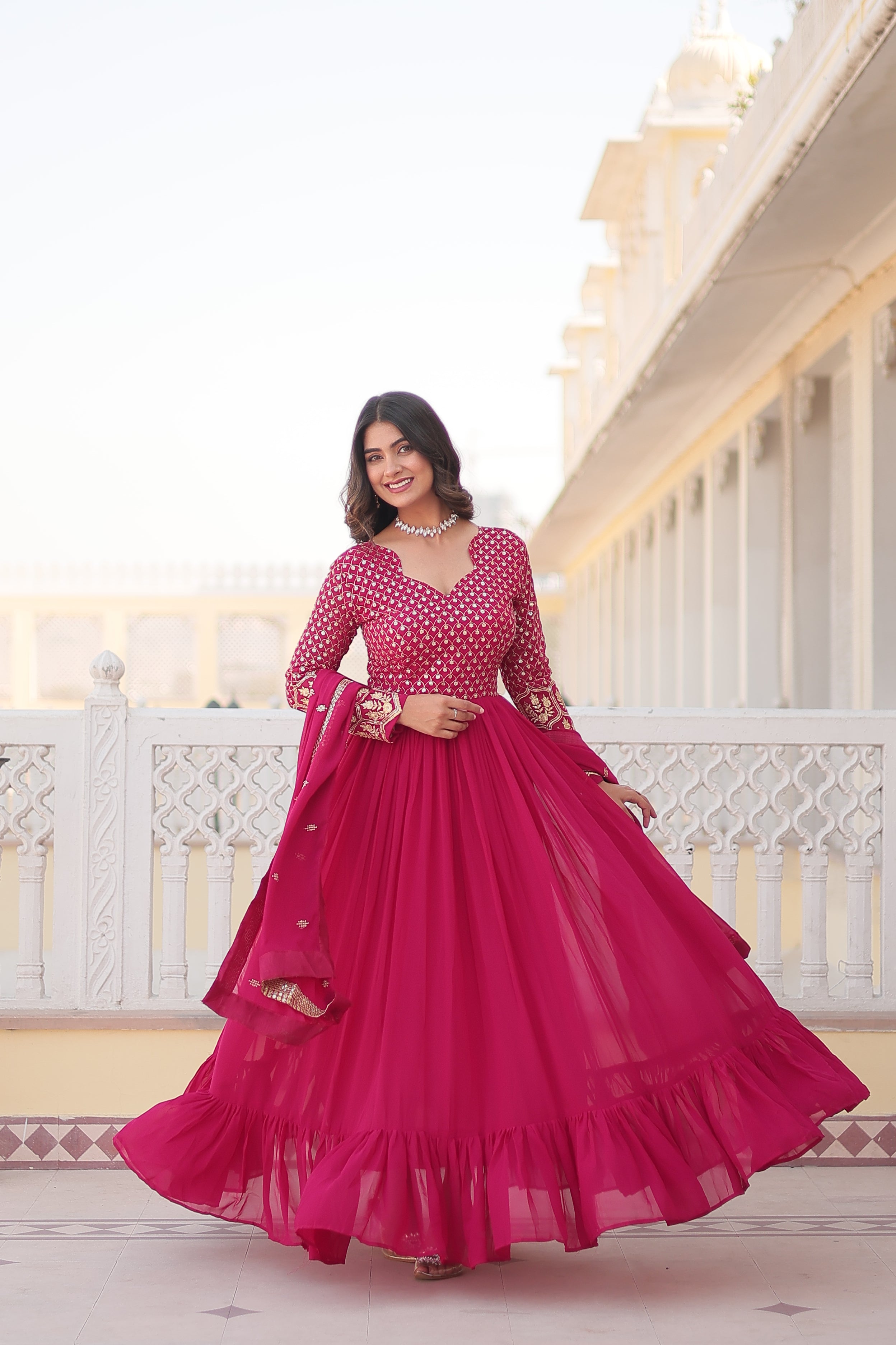 Pink Colored Faux Georgette Sequins Embroidered  Gown With Dupatta