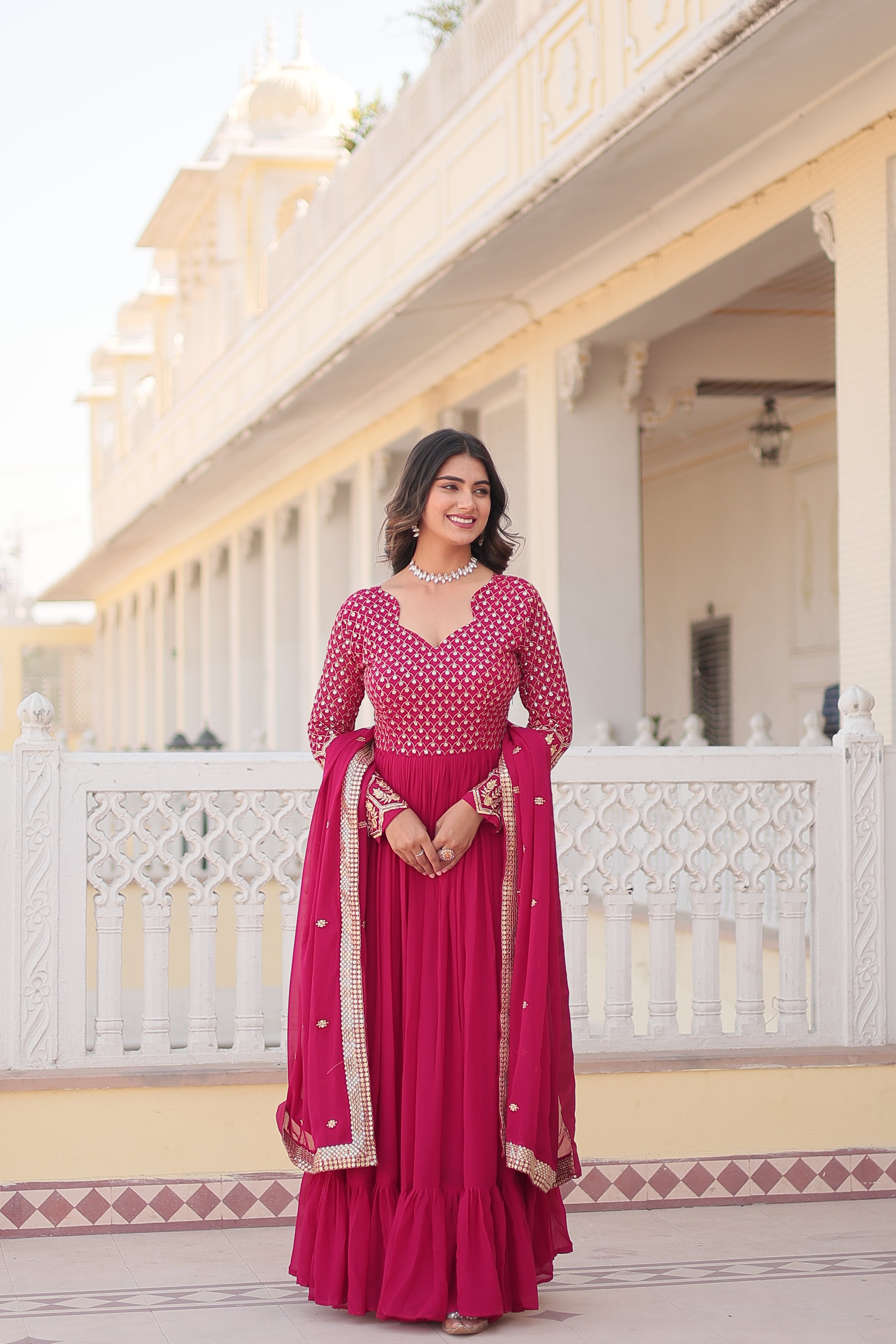 Pink Colored Faux Georgette Sequins Embroidered  Gown With Dupatta