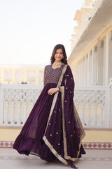 Wine Colored Faux Georgette Sequins Embroidered  Gown With Dupatta