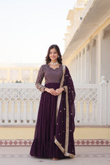 Wine Colored Faux Georgette Sequins Embroidered  Gown With Dupatta