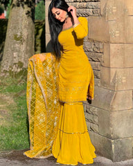 Yellow Colored Faux Georgette Sequins Embroidered  Sharara Salwar Suit With Dupatta