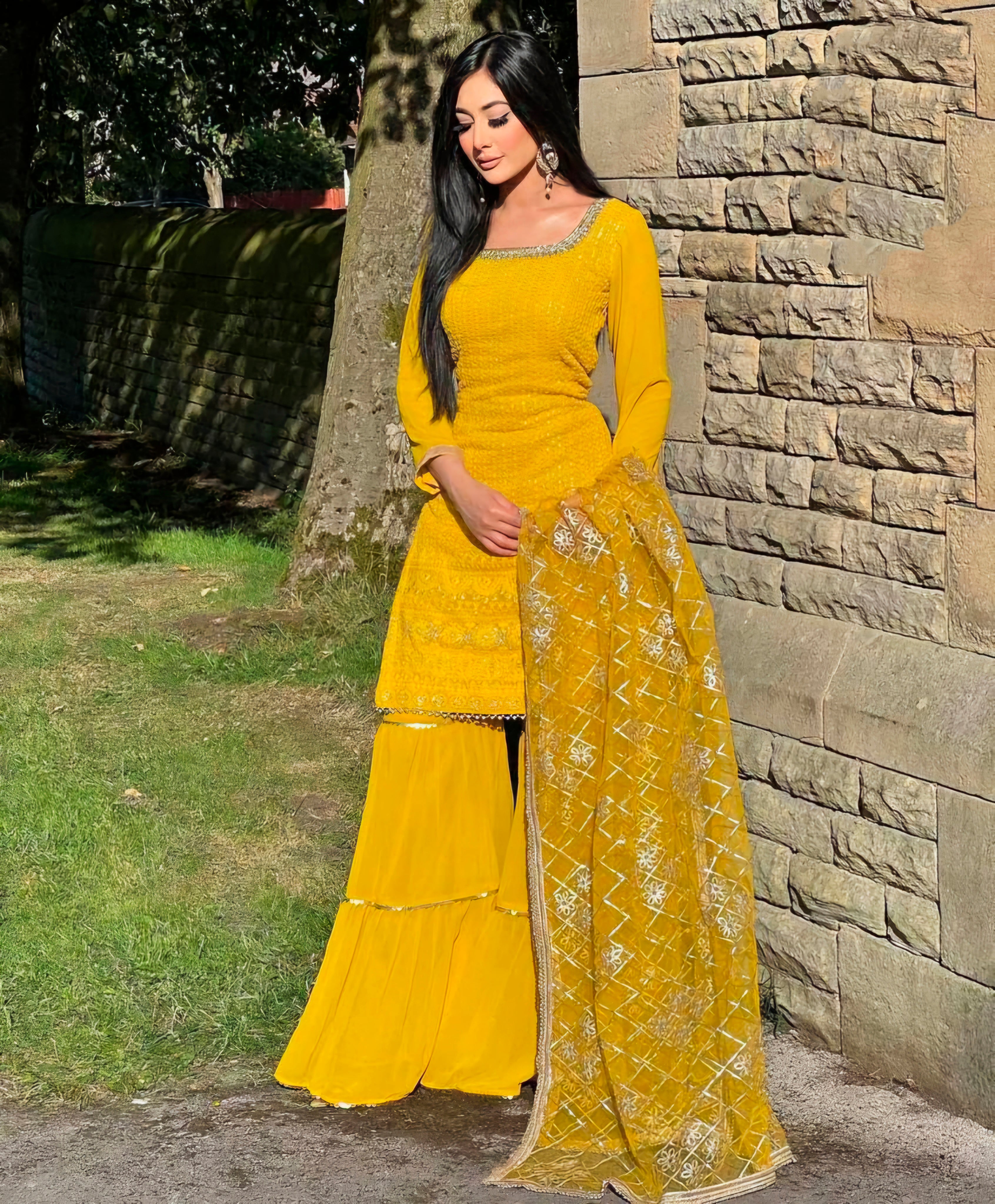 Yellow Colored Faux Georgette Sequins Embroidered  Sharara Salwar Suit With Dupatta