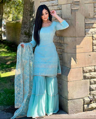 Sky Blue Colored Faux Georgette Sequins Embroidered  Sharara Salwar Suit With Dupatta