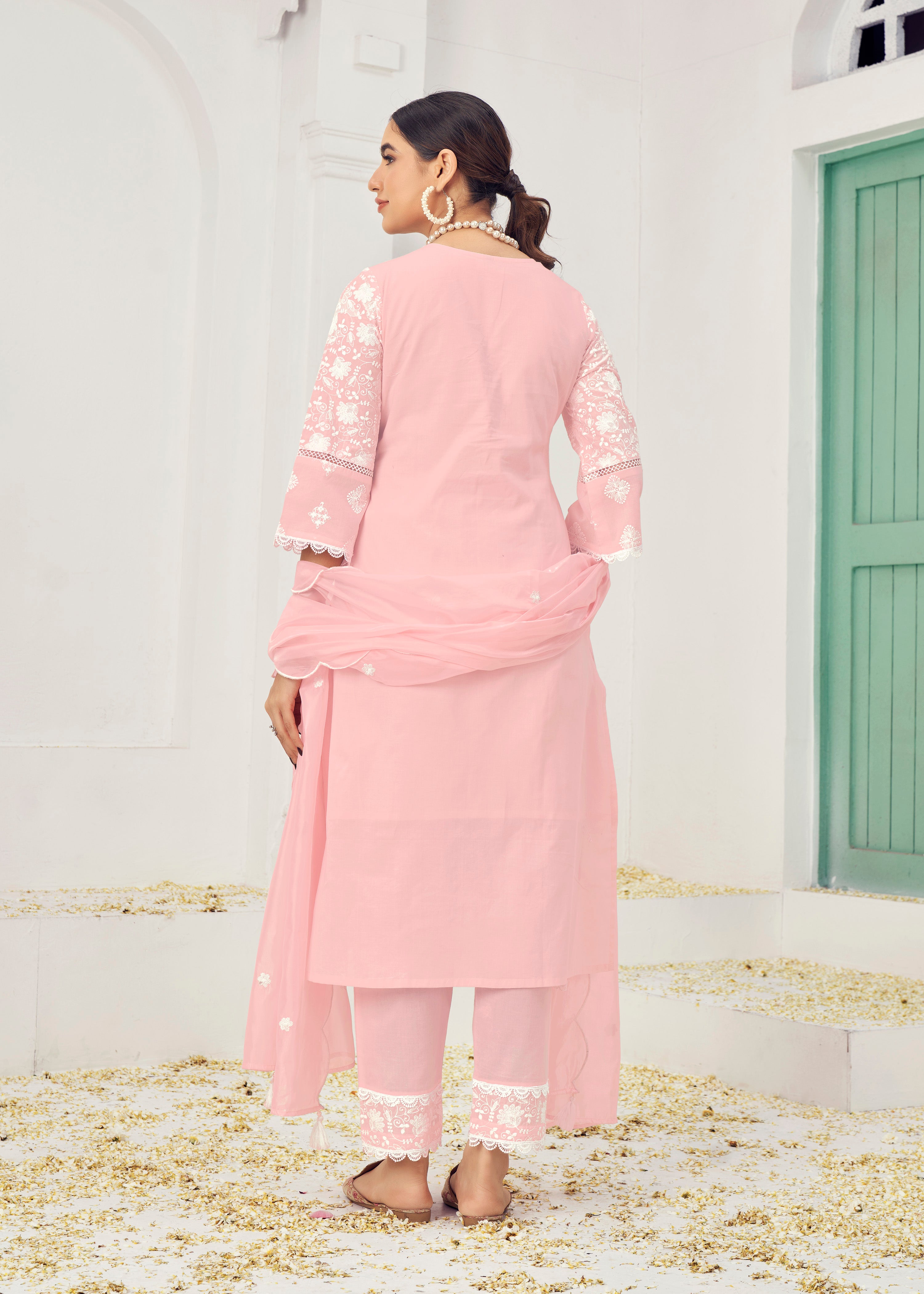 Pink Colored Cotton Embroidered Lucknawi Salwar Suit