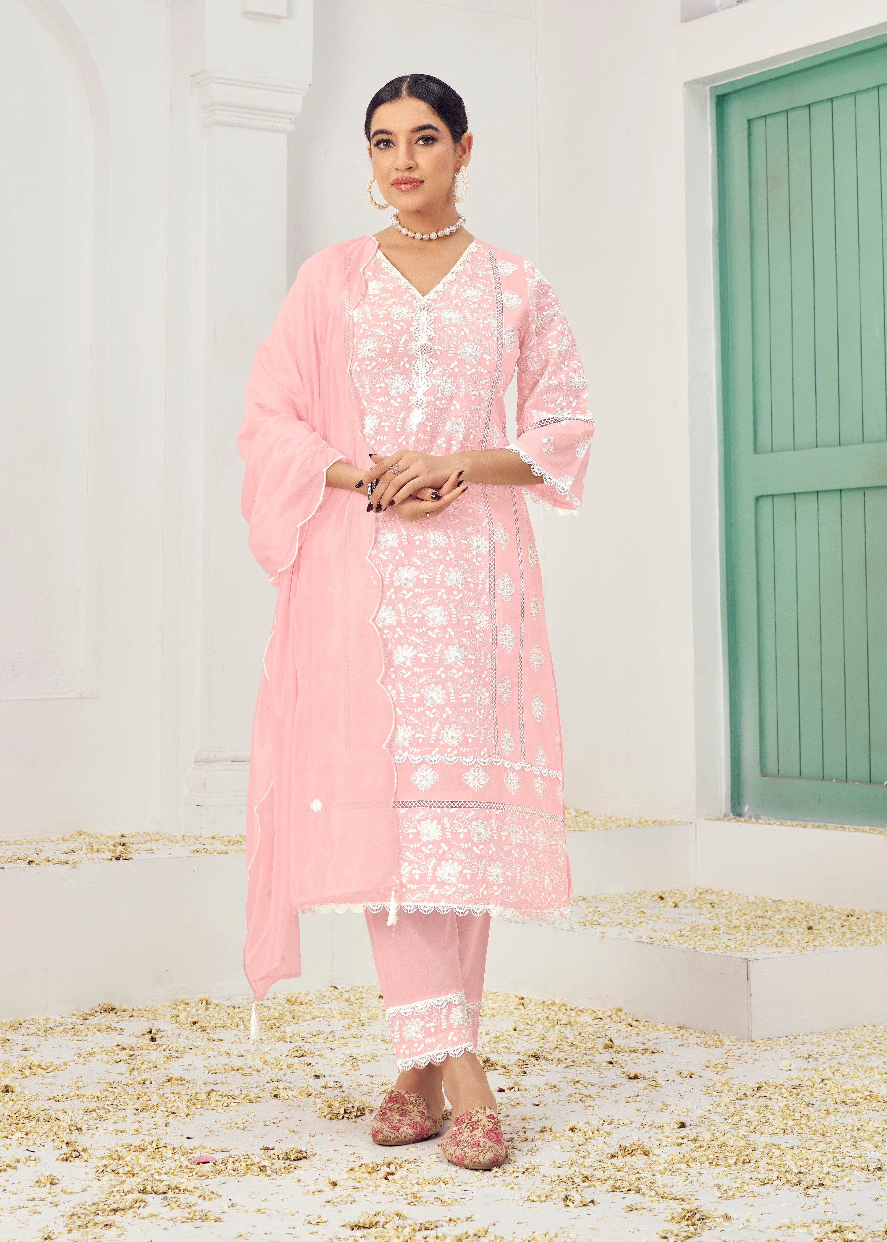 Pink Colored Cotton Embroidered Lucknawi Salwar Suit