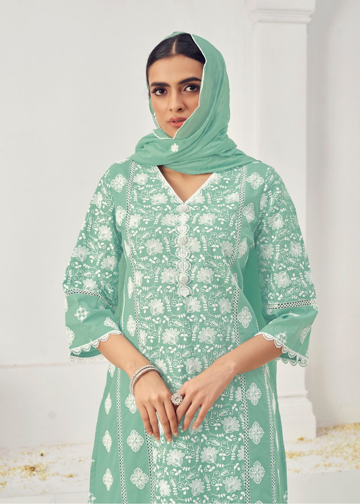 Sea Green Cotton Embroidered Lucknawi Salwar Suit