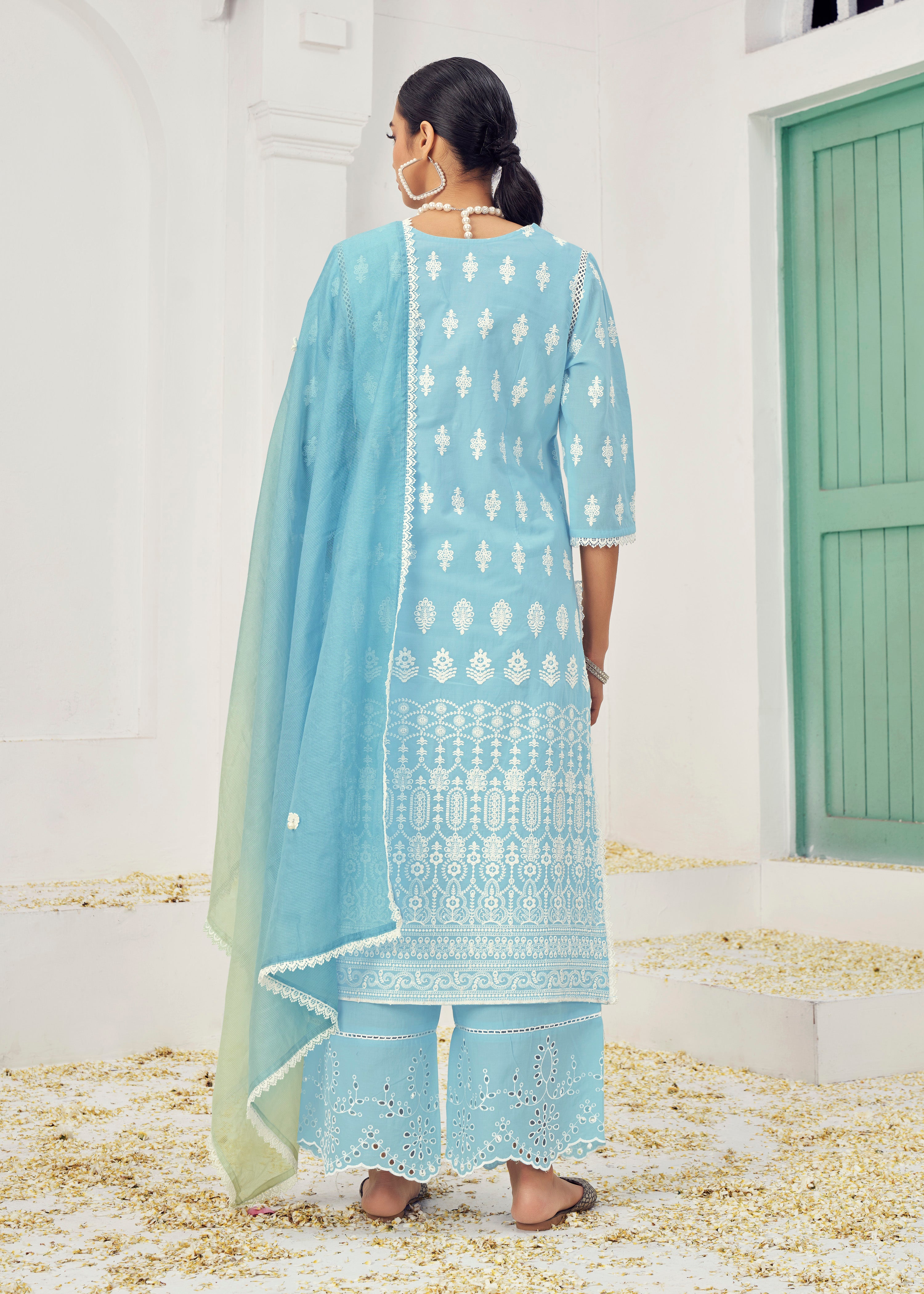 Sky Blue Colored Cotton Embroidered  Lucknowi Salwar Suit