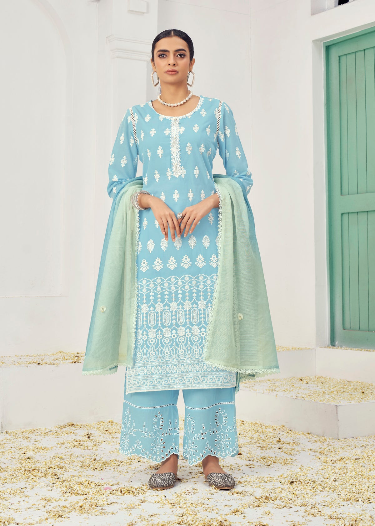 Sky Blue Colored Cotton Embroidered  Lucknowi Salwar Suit