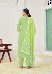 Green Cotton Schiffli Hand Lucknowi Salwar Suit