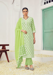 Green Cotton Schiffli Hand Lucknowi Salwar Suit