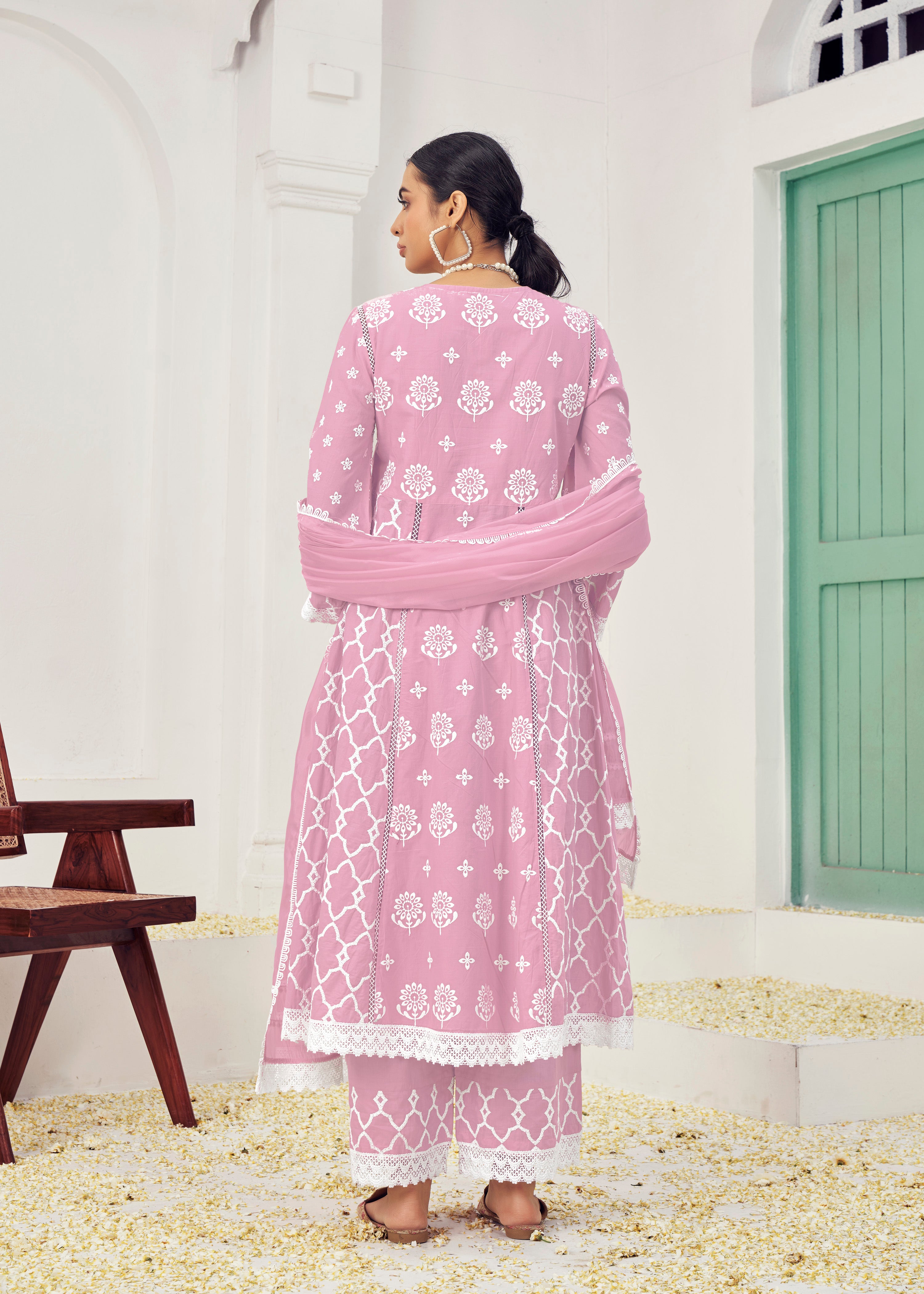 Pink Colored Cotton Embroidered  Lucknowi Salwar Suit