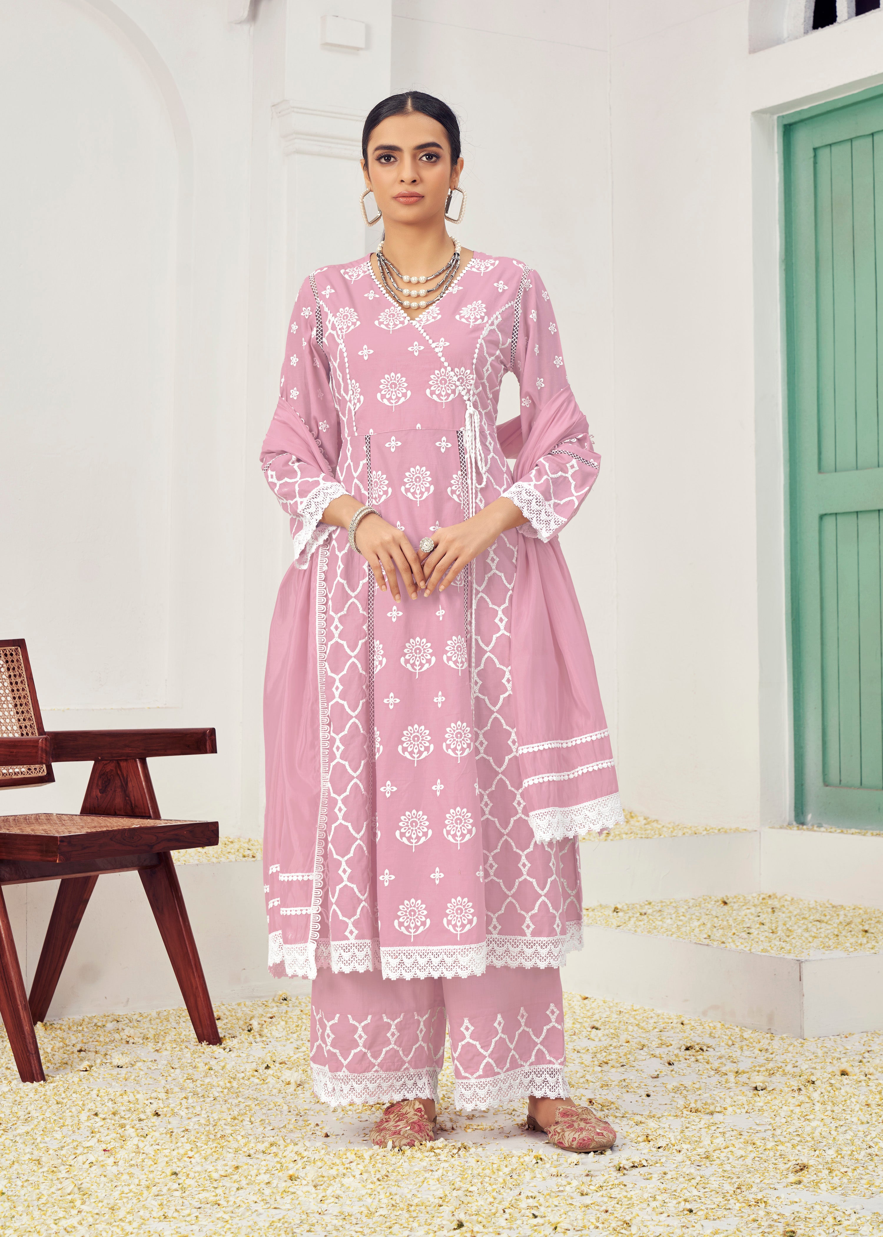 Pink Colored Cotton Embroidered  Lucknowi Salwar Suit