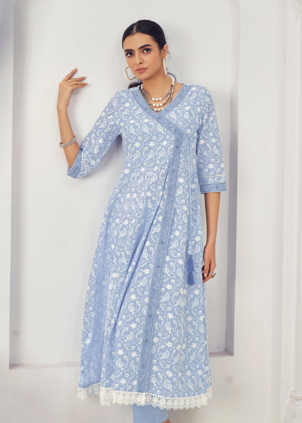 Sky Blue Cotton Embroidered Lucknowi Salwar Suit