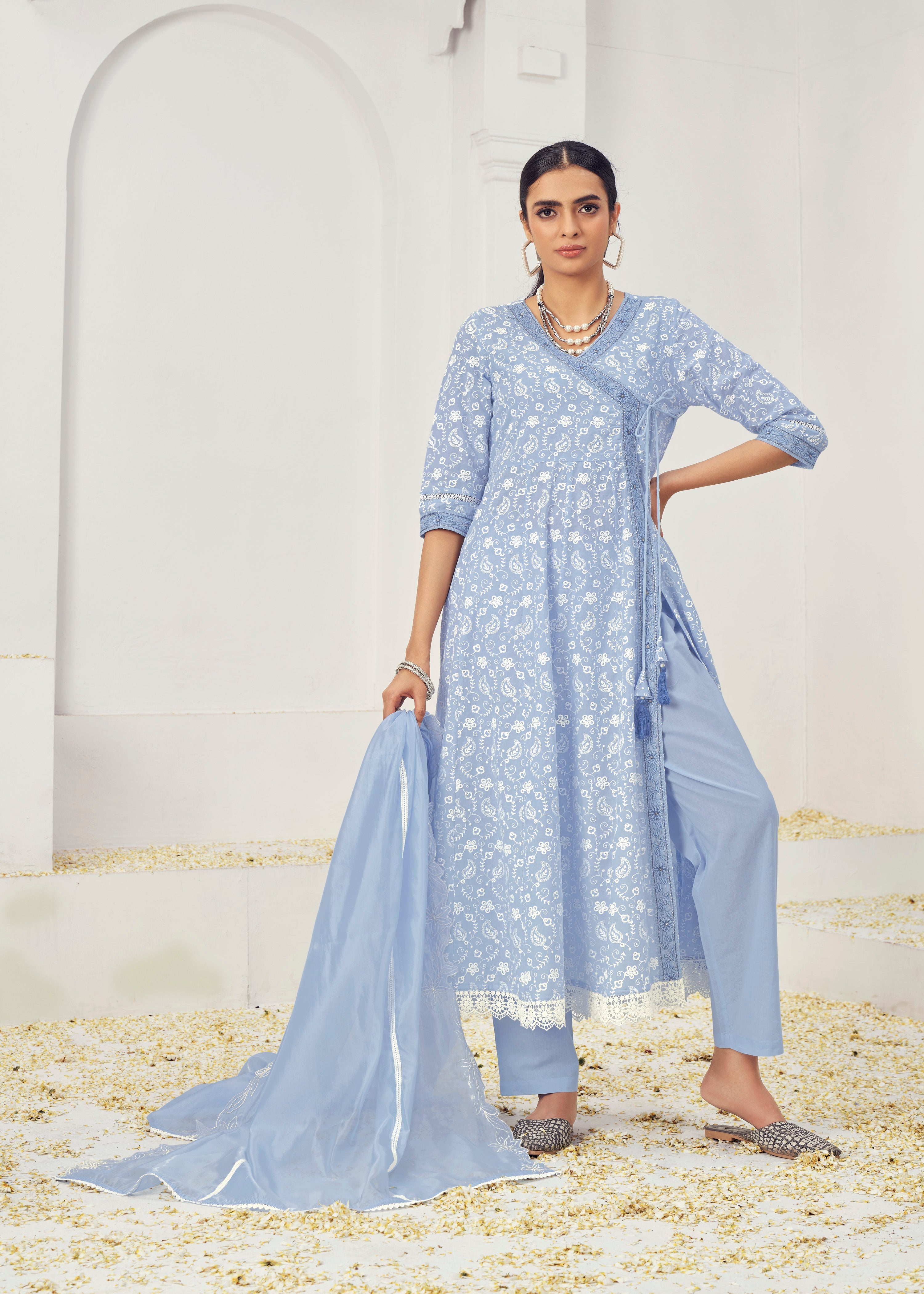 Sky Blue Cotton Embroidered Lucknowi Salwar Suit