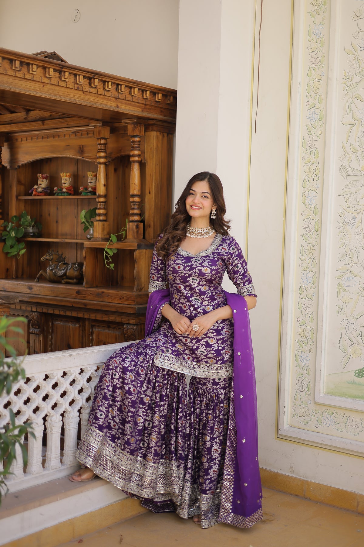 Purple Viscose Jacquard Woven Salwar Suit With Gharara Dupatta