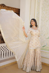 White Viscose Jacquard Woven Salwar Suit With Gharara Dupatta