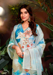 Sky Blue Linen Cotton Digital Printed Schiffli Salwar Suit With Pant Dupatta