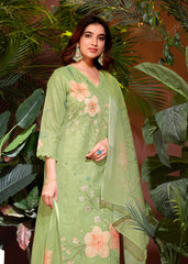 Green Colored Linen Cotton Digital Printed Schiffli  Salwar Suit With Pant Dupatta