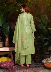 Green Colored Linen Cotton Digital Printed Schiffli  Salwar Suit With Pant Dupatta