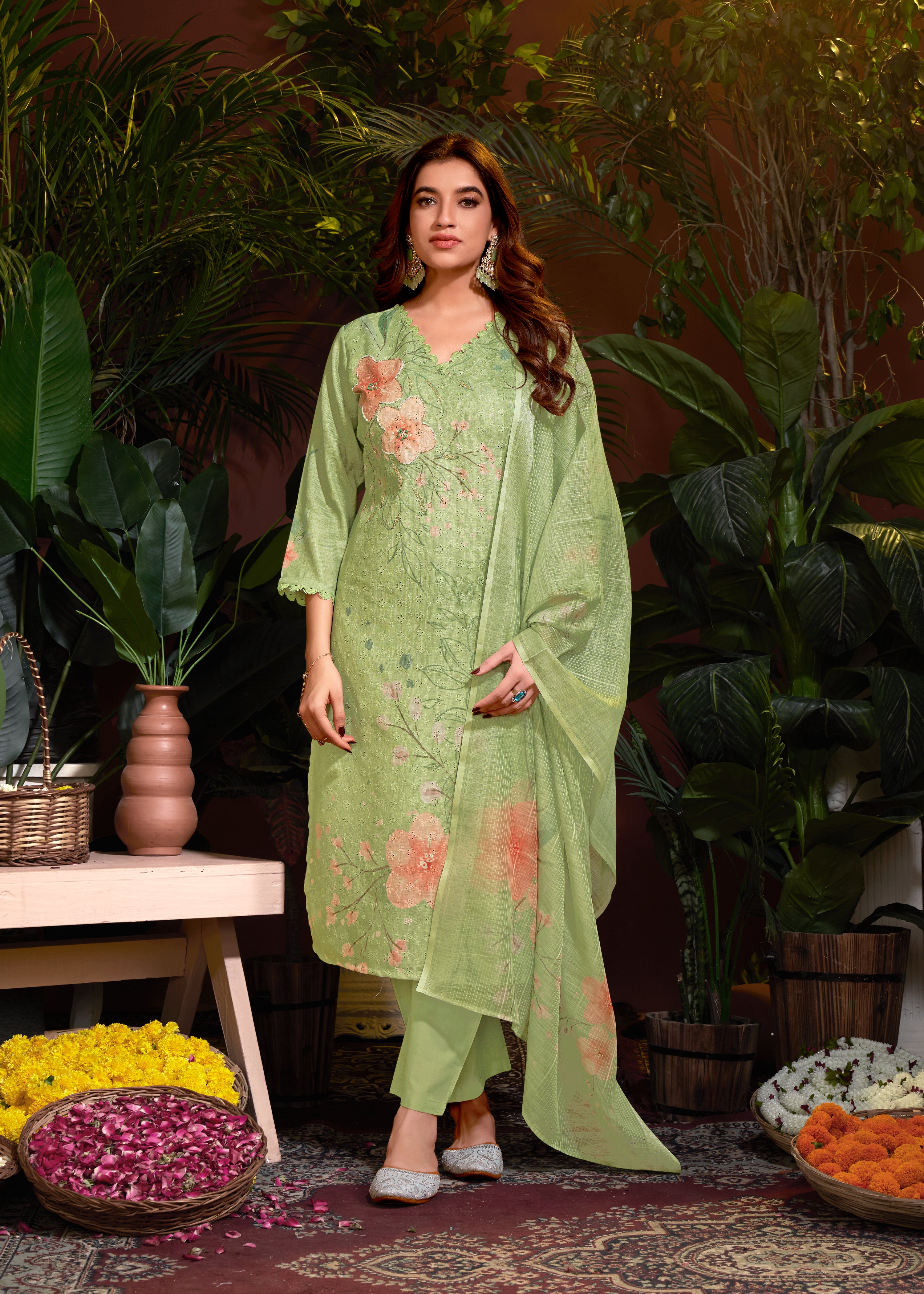 Green Colored Linen Cotton Digital Printed Schiffli  Salwar Suit With Pant Dupatta