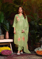 Green Colored Linen Cotton Digital Printed Schiffli  Salwar Suit With Pant Dupatta