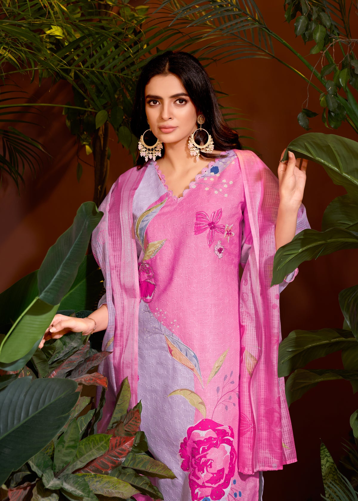 Pink Linen Cotton Digital Printed Schiffli Salwar Suit With Pant Dupatta