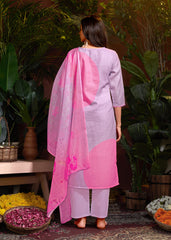 Pink Linen Cotton Digital Printed Schiffli Salwar Suit With Pant Dupatta