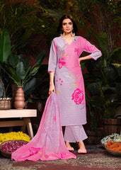 Pink Linen Cotton Digital Printed Schiffli Salwar Suit With Pant Dupatta