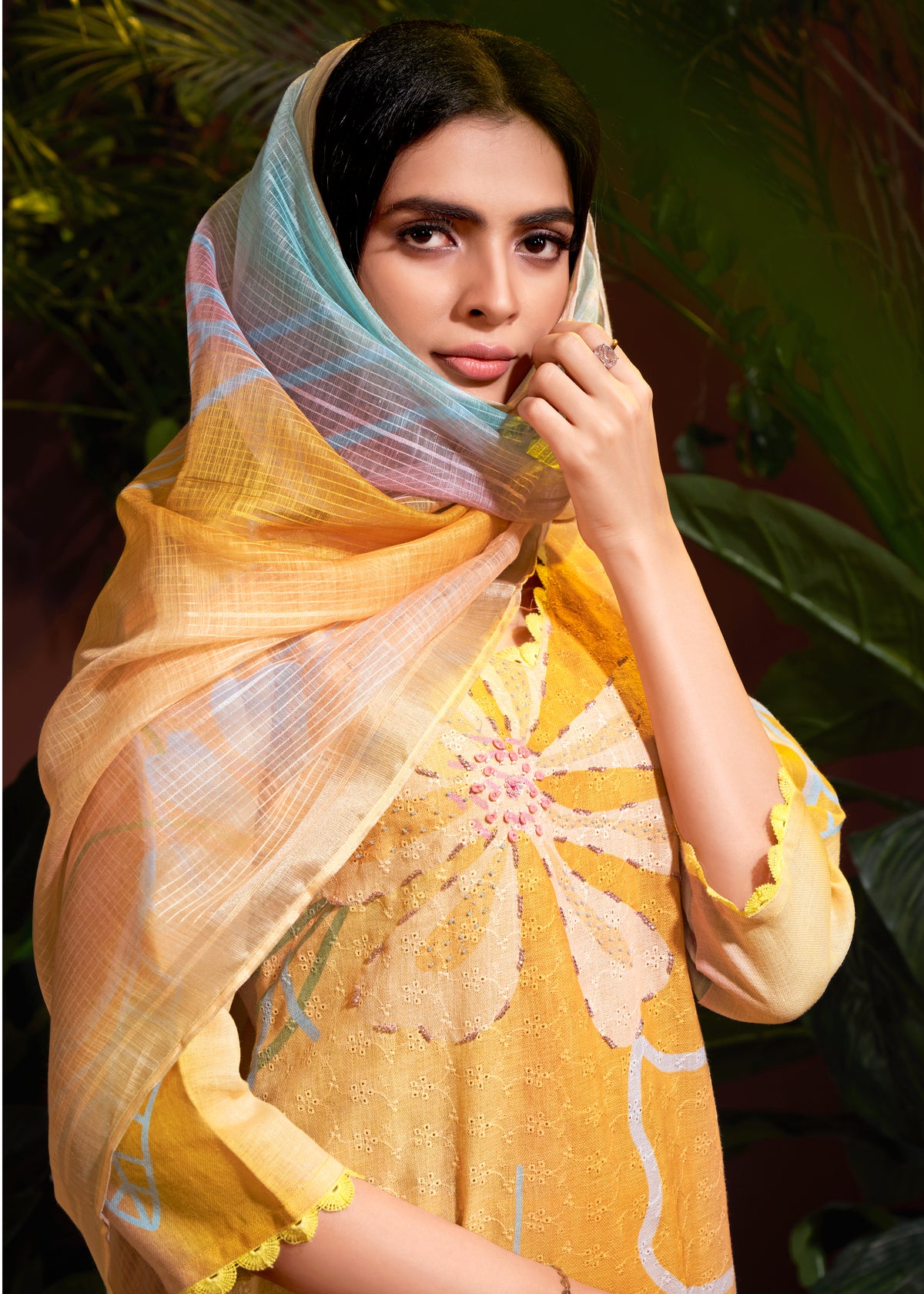 Mustard Colored Linen Cotton Digital Printed Schiffli  Salwar Suit With Pant Dupatta