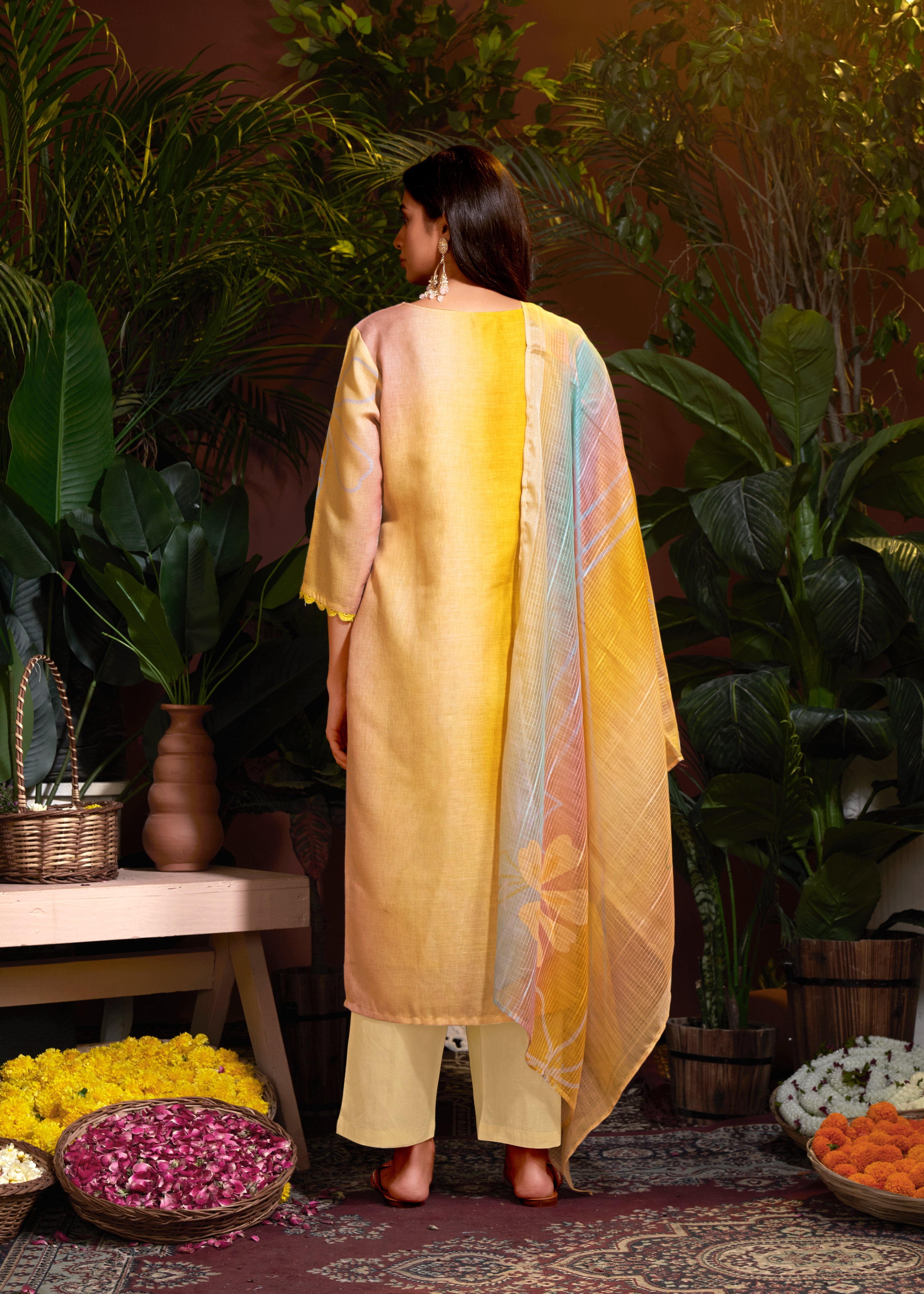 Mustard Linen Cotton Digital Printed Schiffli Salwar Suit With Pant Dupatta