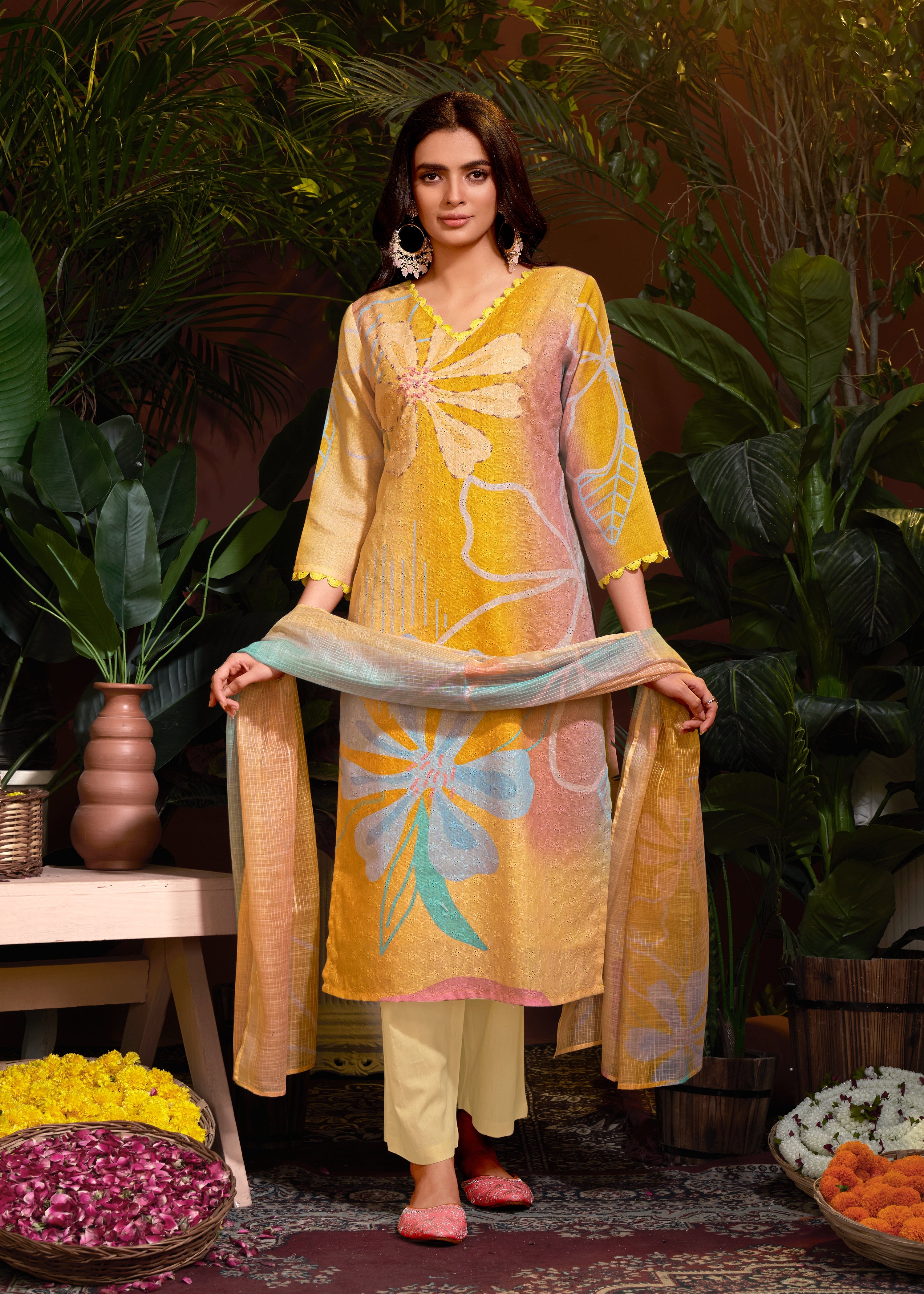 Mustard Linen Cotton Digital Printed Schiffli Salwar Suit With Pant Dupatta