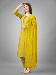 Yellow Colored Rayon Printed  Salwar Suit With Pant Dupatta