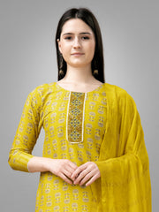 Yellow Colored Rayon Printed  Salwar Suit With Pant Dupatta