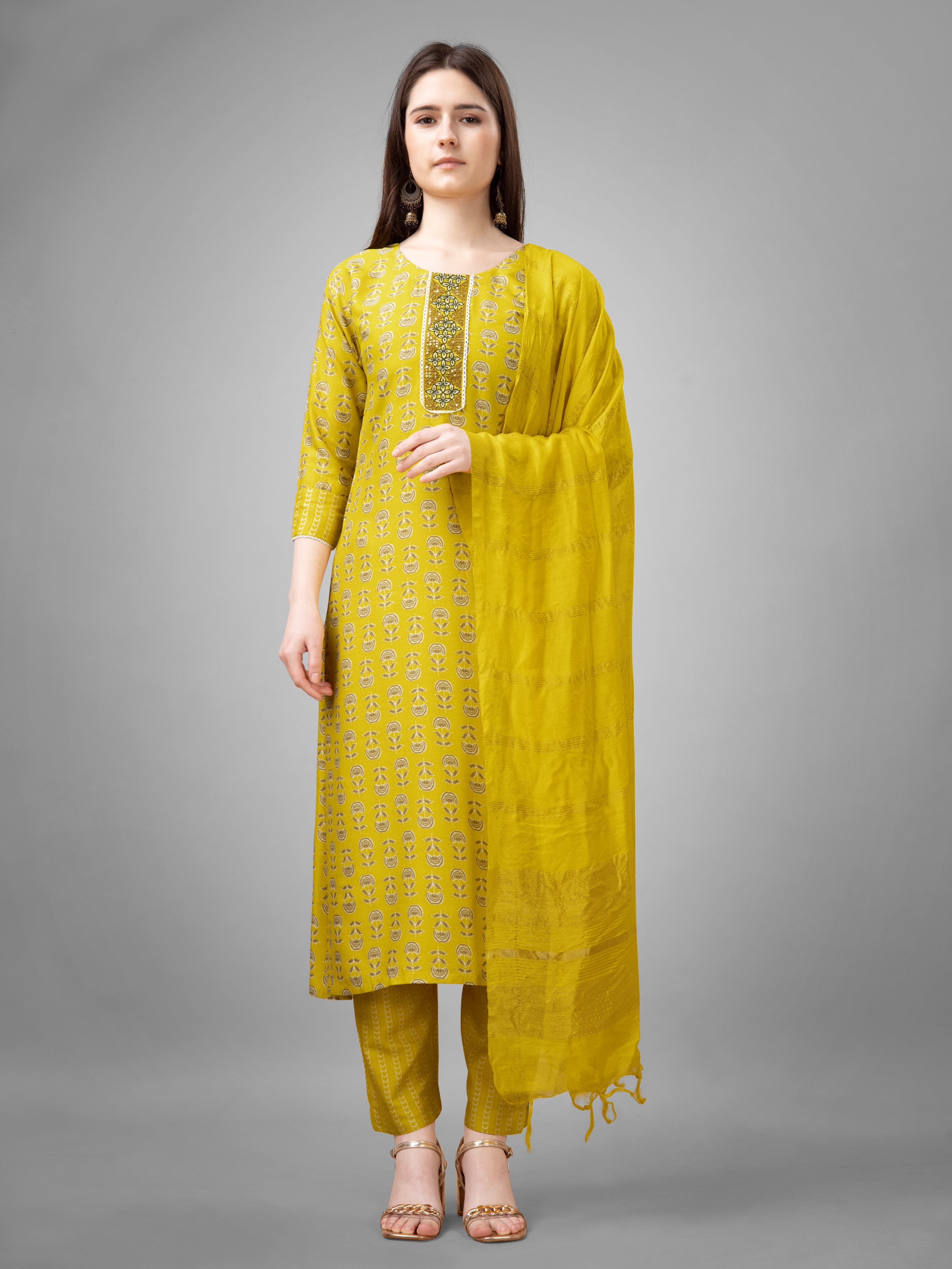 Yellow Colored Rayon Printed  Salwar Suit With Pant Dupatta