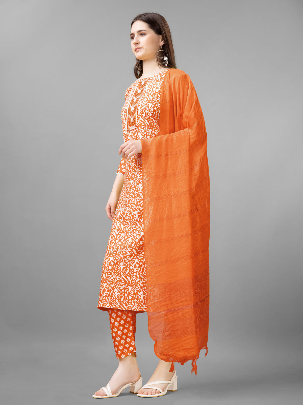 Orange Rayon Printed Salwar Suit With Pant Dupatta